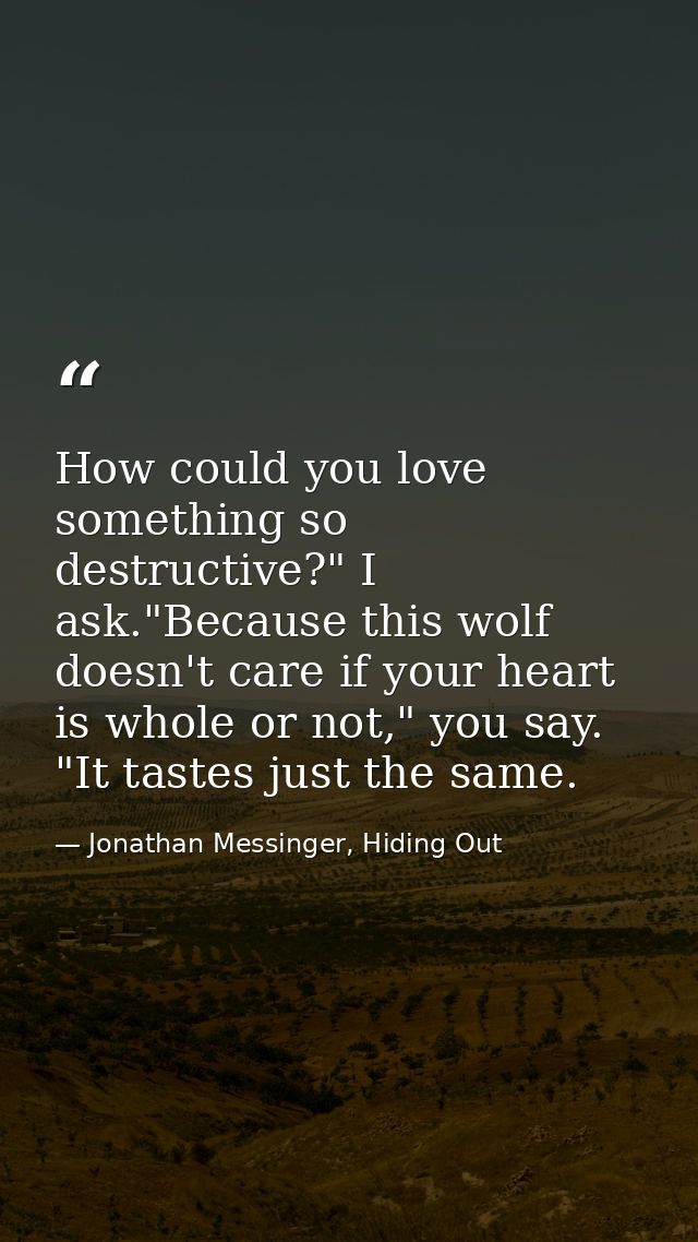 How could you love something so destructive?" I ask."Because this wolf doesn't care if your heart is whole or not," you  — Jonathan Messinger, Hiding Out