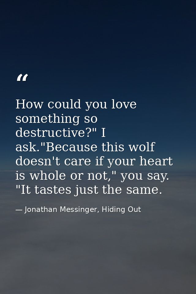 How could you love something so destructive?" I ask."Because this wolf doesn't care if your heart is whole or not," you  — Jonathan Messinger, Hiding Out