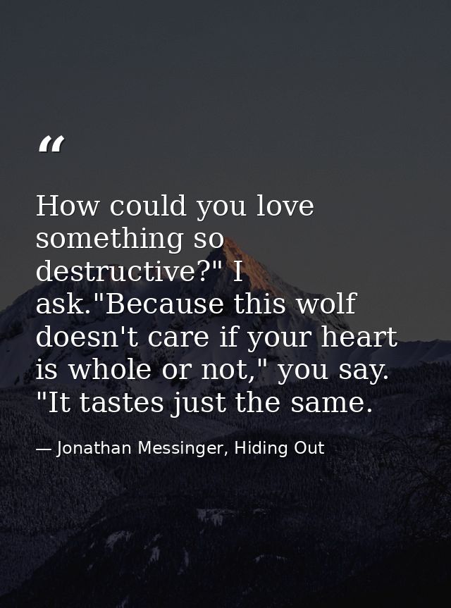 How could you love something so destructive?" I ask."Because this wolf doesn't care if your heart is whole or not," you  — Jonathan Messinger, Hiding Out