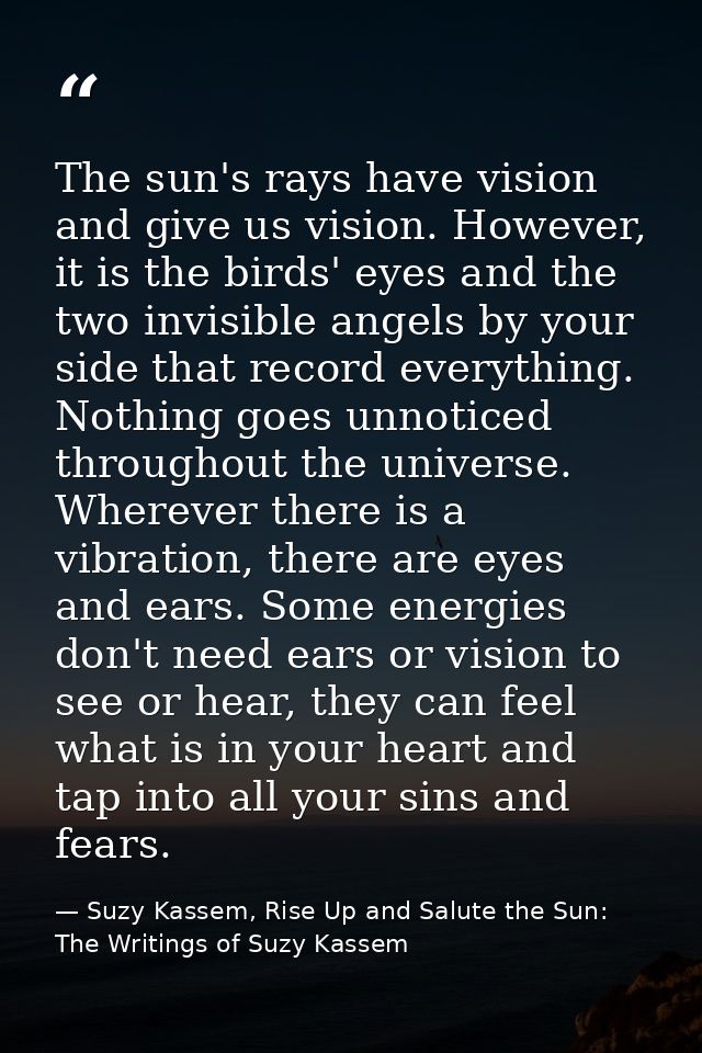 The sun's rays have vision and give us vision. However, it is the birds' eyes and the two invisible angels by your side  — Suzy Kassem, Rise Up and Salute the Sun: The Writings of Suzy Kassem