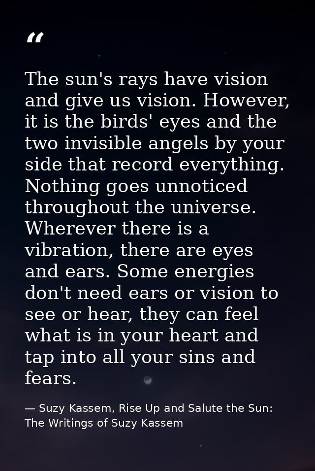The sun's rays have vision and give us vision. However, it is the birds' eyes and the two invisible angels by your side  — Suzy Kassem, Rise Up and Salute the Sun: The Writings of Suzy Kassem