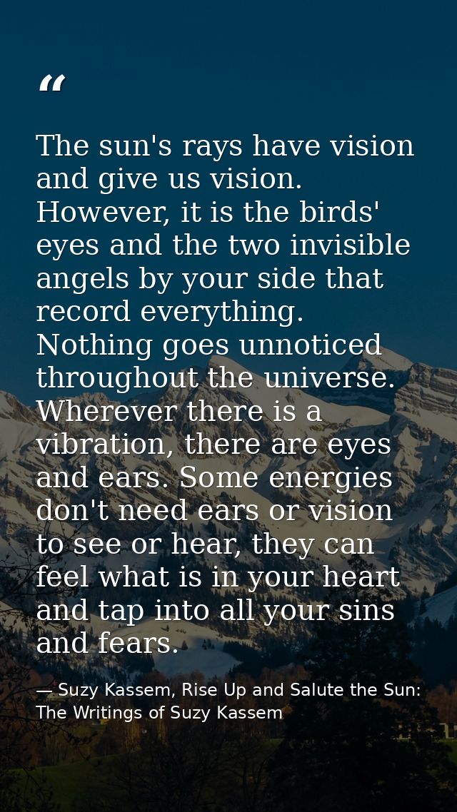 The sun's rays have vision and give us vision. However, it is the birds' eyes and the two invisible angels by your side  — Suzy Kassem, Rise Up and Salute the Sun: The Writings of Suzy Kassem