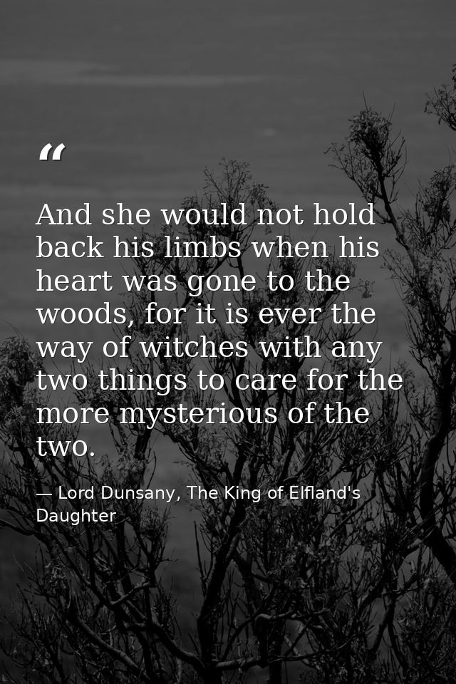 And she would not hold back his limbs when his heart was gone to the woods, for it is ever the way of witches with any t — Lord Dunsany, The King of Elfland's Daughter