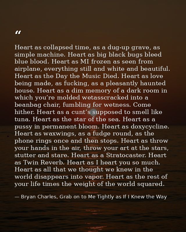 Heart as collapsed time, as a dug-up grave, as simple machine. Heart as big black bugs bleed blue blood. Heart as MI fro — Bryan Charles, Grab on to Me Tightly as If I Knew the Way