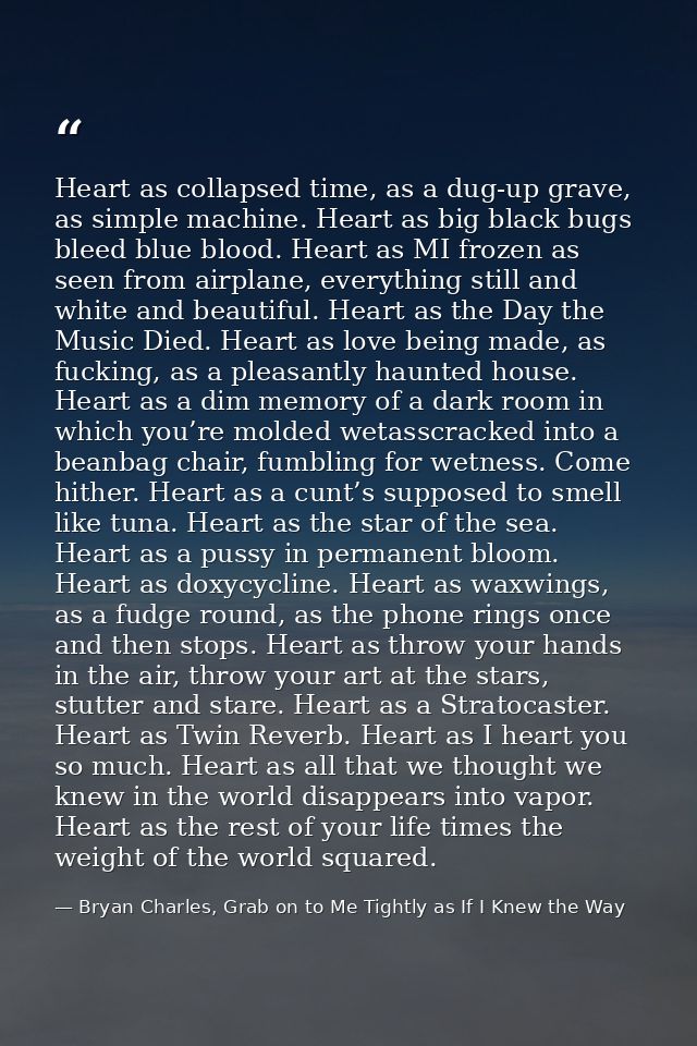 Heart as collapsed time, as a dug-up grave, as simple machine. Heart as big black bugs bleed blue blood. Heart as MI fro — Bryan Charles, Grab on to Me Tightly as If I Knew the Way