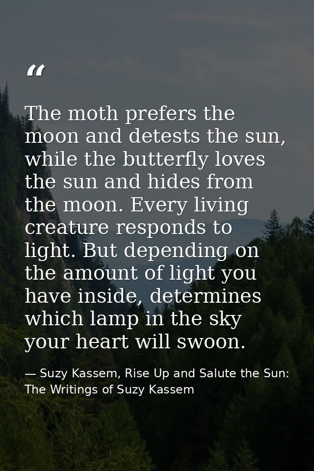 The moth prefers the moon and detests the sun, while the butterfly loves the sun and hides from the moon. Every living c — Suzy Kassem, Rise Up and Salute the Sun: The Writings of Suzy Kassem