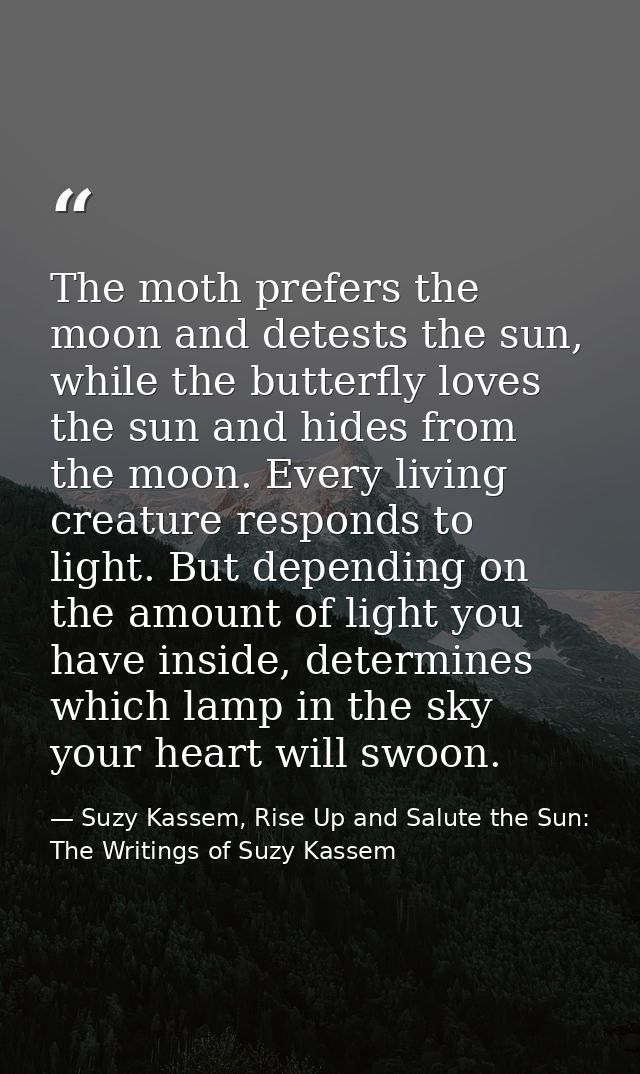 The moth prefers the moon and detests the sun, while the butterfly loves the sun and hides from the moon. Every living c — Suzy Kassem, Rise Up and Salute the Sun: The Writings of Suzy Kassem