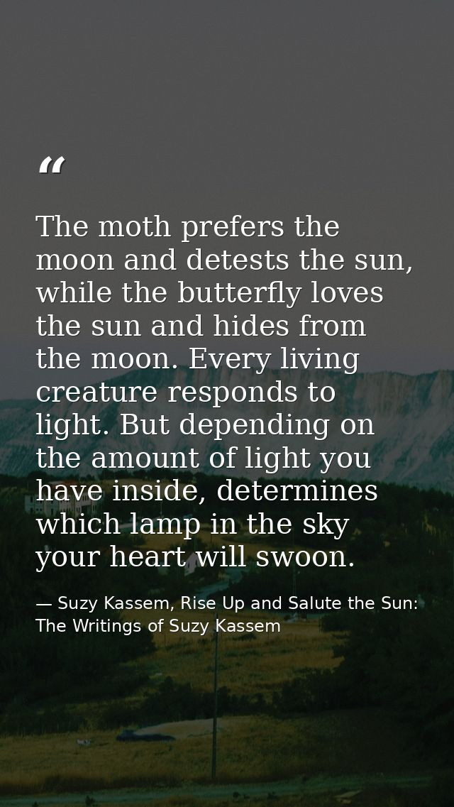 The moth prefers the moon and detests the sun, while the butterfly loves the sun and hides from the moon. Every living c — Suzy Kassem, Rise Up and Salute the Sun: The Writings of Suzy Kassem