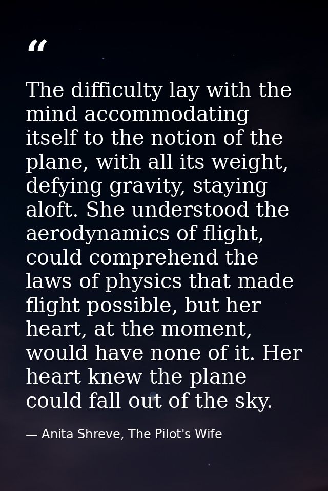 The difficulty lay with the mind accommodating itself to the notion of the plane, with all its weight, defying gravity,  — Anita Shreve, The Pilot's Wife