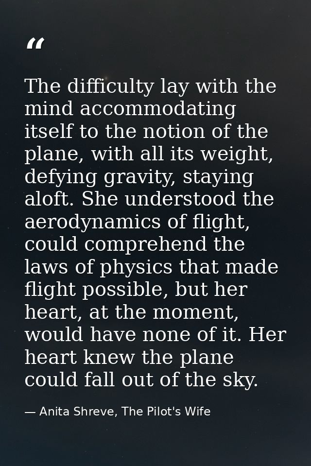 The difficulty lay with the mind accommodating itself to the notion of the plane, with all its weight, defying gravity,  — Anita Shreve, The Pilot's Wife