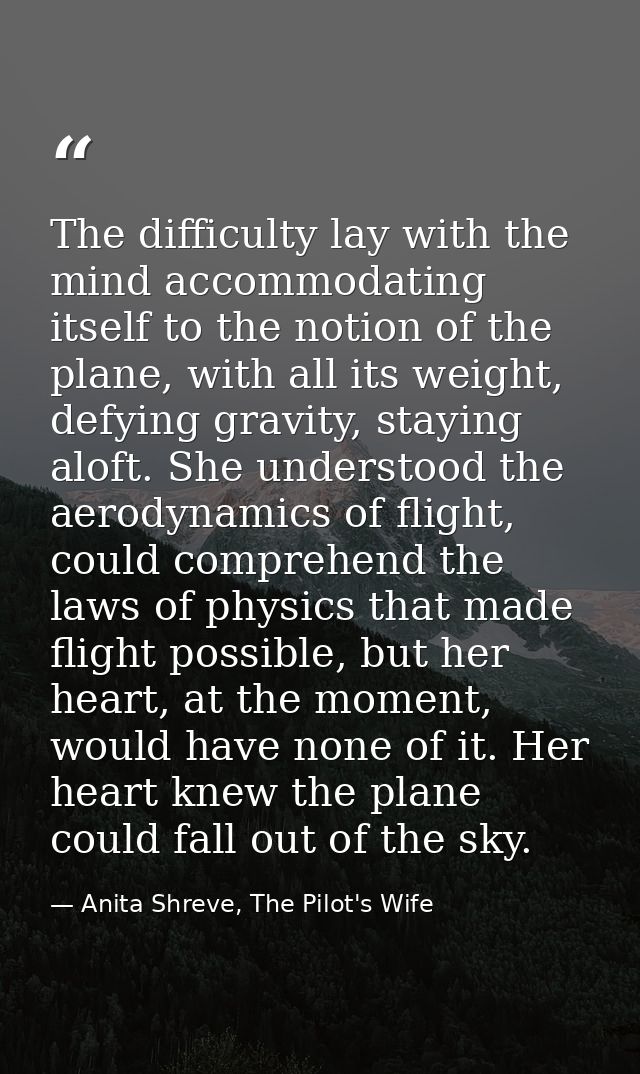 The difficulty lay with the mind accommodating itself to the notion of the plane, with all its weight, defying gravity,  — Anita Shreve, The Pilot's Wife