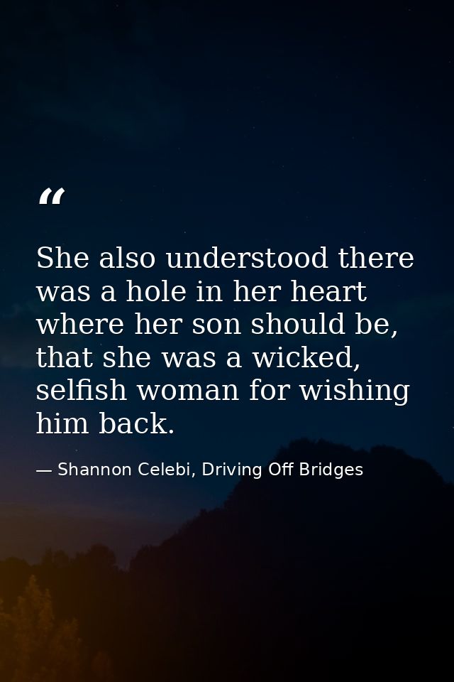 She also understood there was a hole in her heart where her son should be, that she was a wicked, selfish woman for wish — Shannon Celebi, Driving Off Bridges