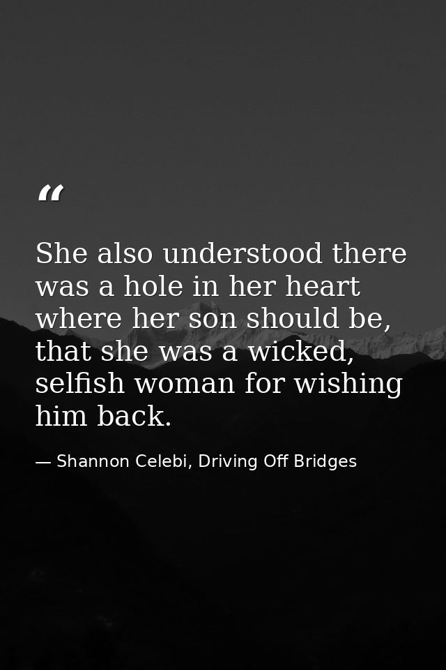 She also understood there was a hole in her heart where her son should be, that she was a wicked, selfish woman for wish — Shannon Celebi, Driving Off Bridges