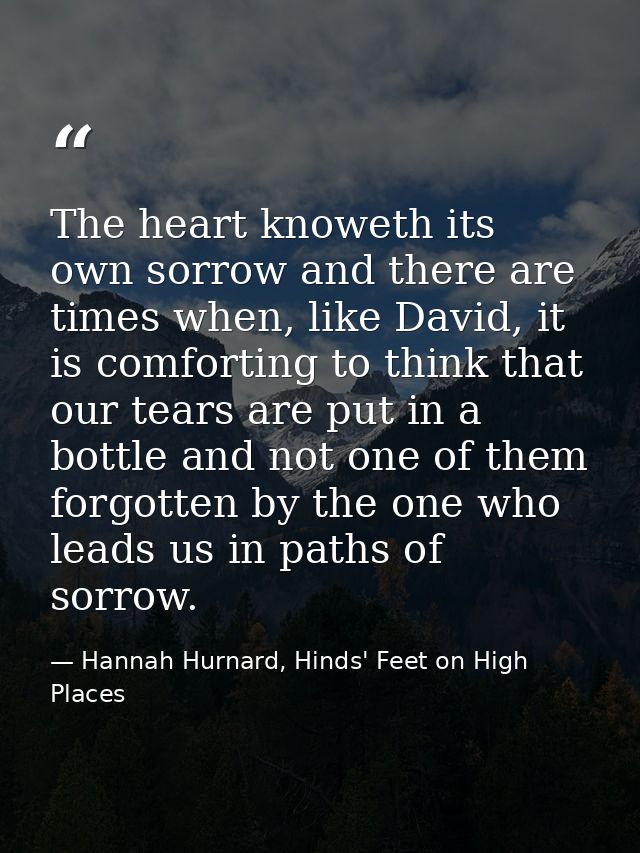The heart knoweth its own sorrow and there are times when, like David, it is comforting to think that our tears are put  — Hannah Hurnard, Hinds' Feet on High Places