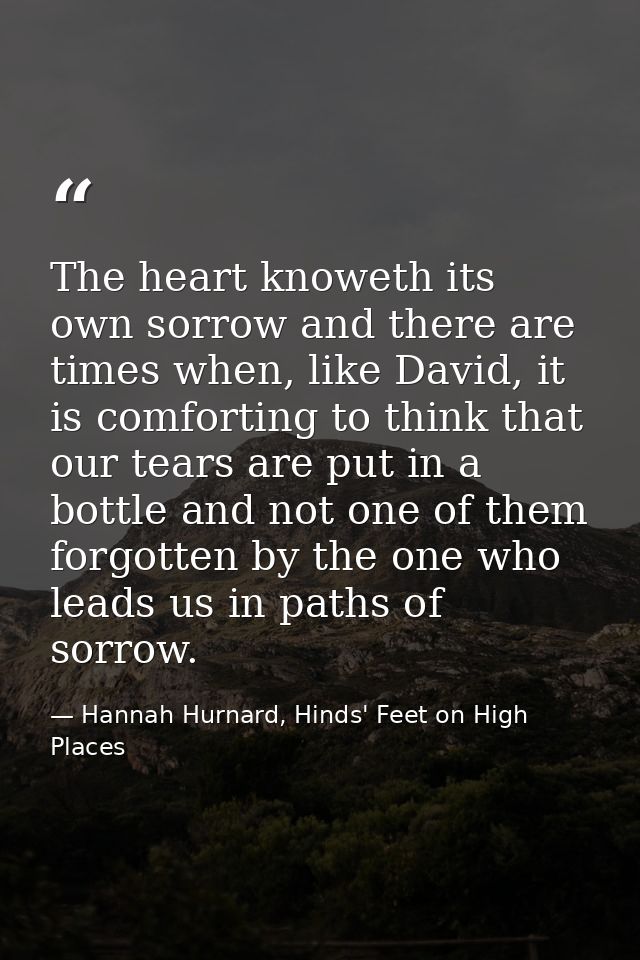 The heart knoweth its own sorrow and there are times when, like David, it is comforting to think that our tears are put  — Hannah Hurnard, Hinds' Feet on High Places
