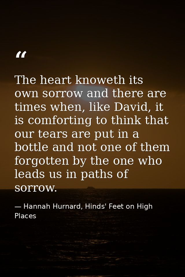The heart knoweth its own sorrow and there are times when, like David, it is comforting to think that our tears are put  — Hannah Hurnard, Hinds' Feet on High Places
