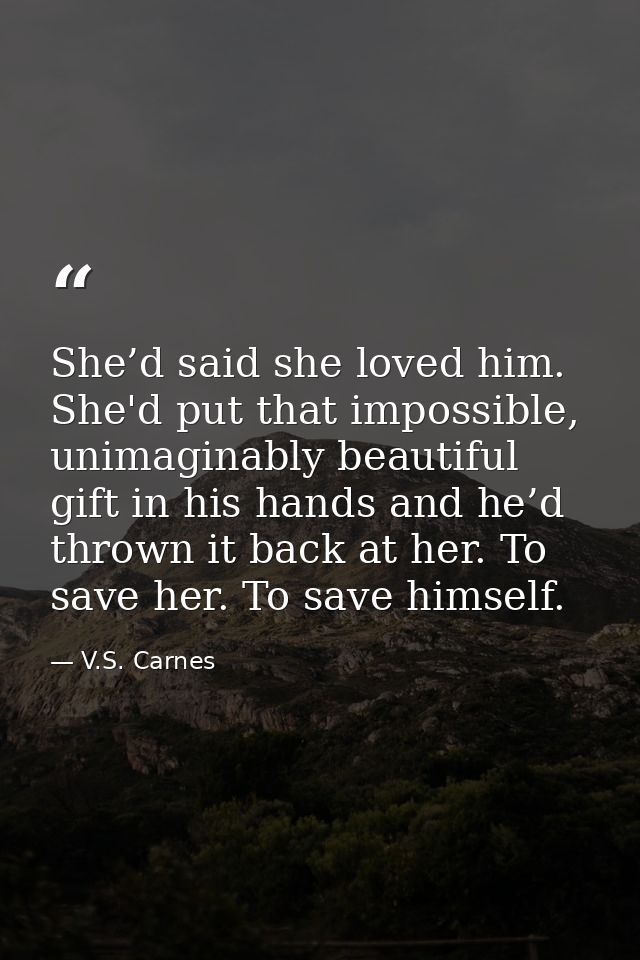 She’d said she loved him. She'd put that impossible, unimaginably beautiful gift in his hands and he’d thrown it back at — V.S. Carnes