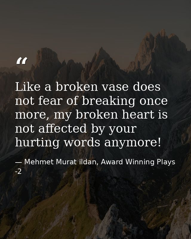 Like a broken vase does not fear of breaking once more, my broken heart is not affected by your hurting words anymore! — Mehmet Murat ildan, Award Winning Plays -2