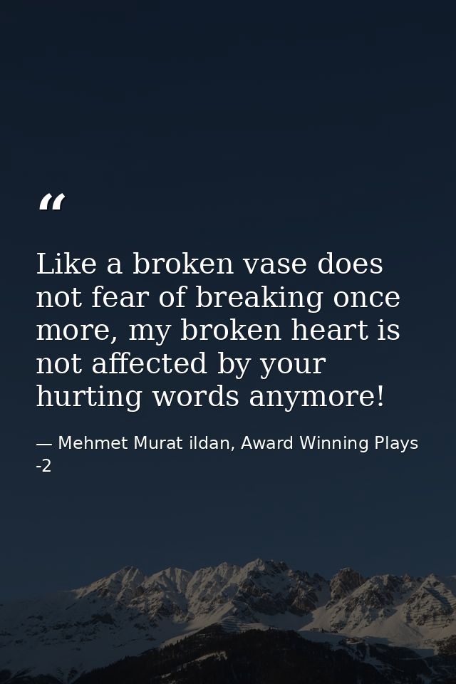 Like a broken vase does not fear of breaking once more, my broken heart is not affected by your hurting words anymore! — Mehmet Murat ildan, Award Winning Plays -2