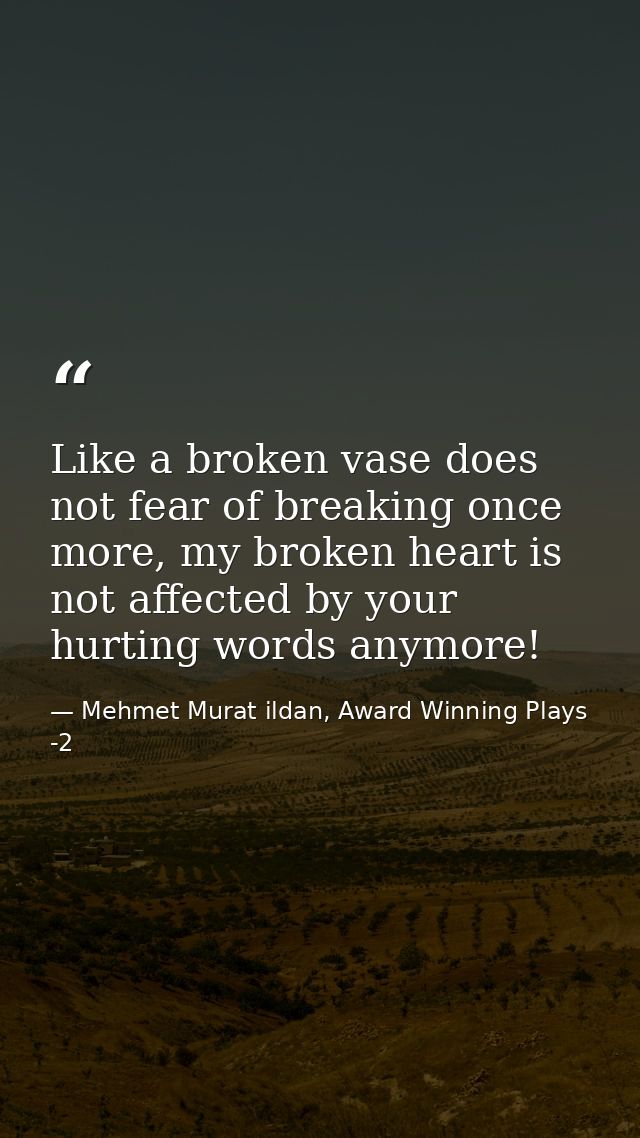 Like a broken vase does not fear of breaking once more, my broken heart is not affected by your hurting words anymore! — Mehmet Murat ildan, Award Winning Plays -2