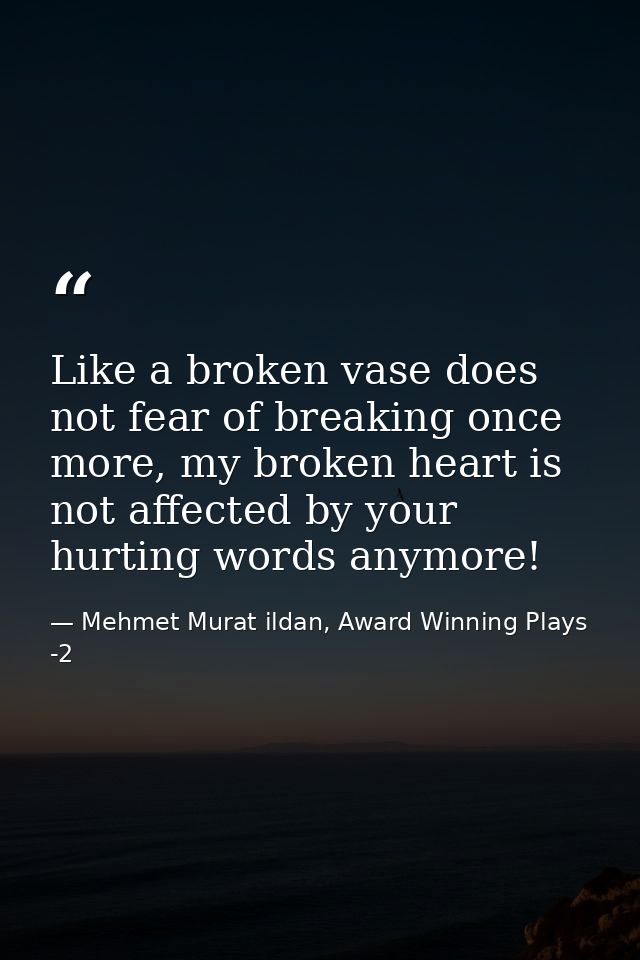 Like a broken vase does not fear of breaking once more, my broken heart is not affected by your hurting words anymore! — Mehmet Murat ildan, Award Winning Plays -2