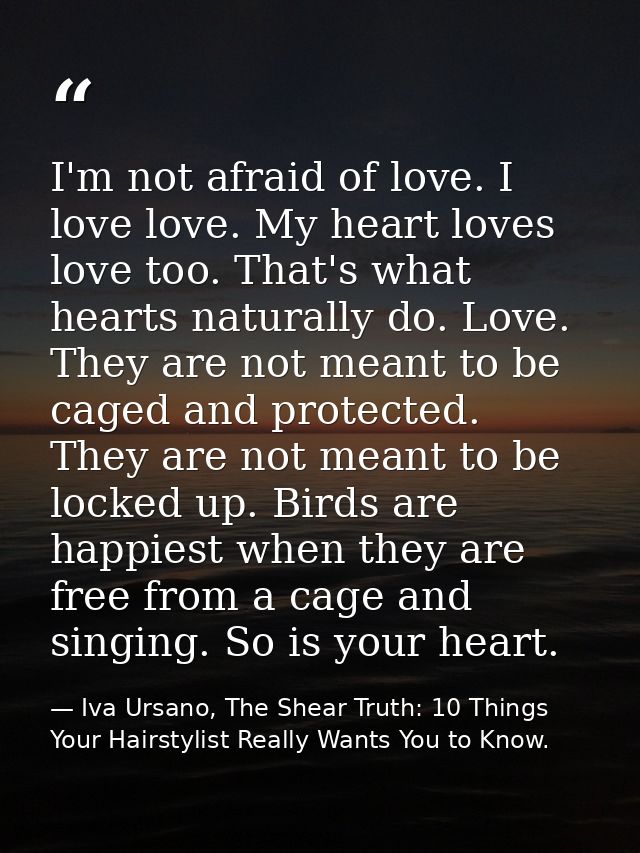 I'm not afraid of love. I love love. My heart loves love too. That's what hearts naturally do. Love. They are not meant  — Iva Ursano, The Shear Truth: 10 Things Your Hairstylist Really Wants You to Know.