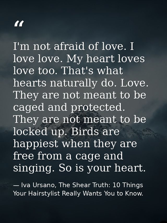 I'm not afraid of love. I love love. My heart loves love too. That's what hearts naturally do. Love. They are not meant  — Iva Ursano, The Shear Truth: 10 Things Your Hairstylist Really Wants You to Know.