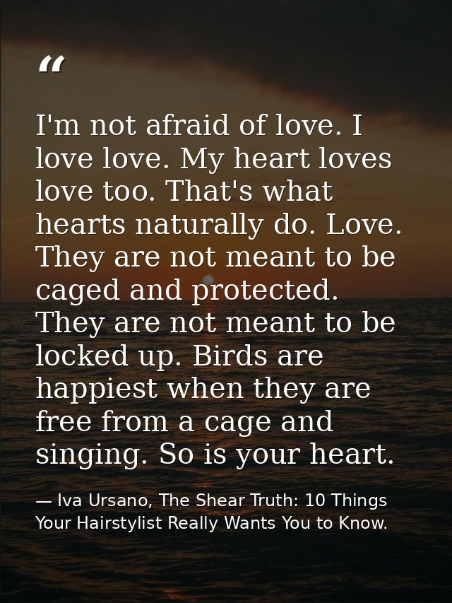 I'm not afraid of love. I love love. My heart loves love too. That's what hearts naturally do. Love. They are not meant  — Iva Ursano, The Shear Truth: 10 Things Your Hairstylist Really Wants You to Know.