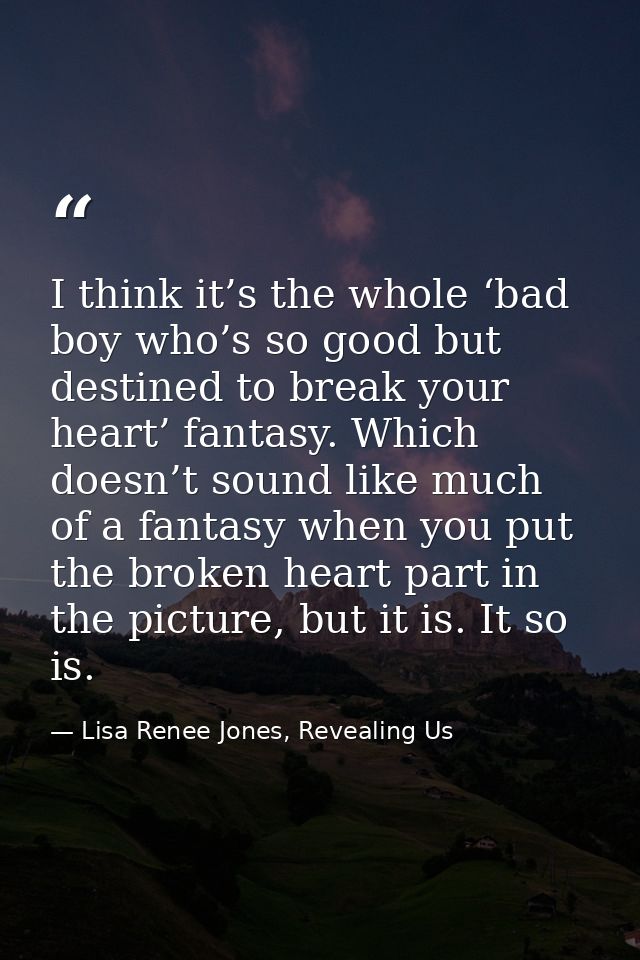 I think it’s the whole ‘bad boy who’s so good but destined to break your heart’ fantasy. Which doesn’t sound like much o — Lisa Renee Jones, Revealing Us