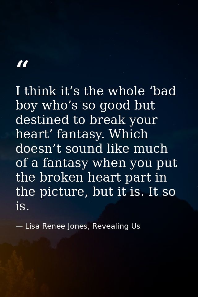 I think it’s the whole ‘bad boy who’s so good but destined to break your heart’ fantasy. Which doesn’t sound like much o — Lisa Renee Jones, Revealing Us