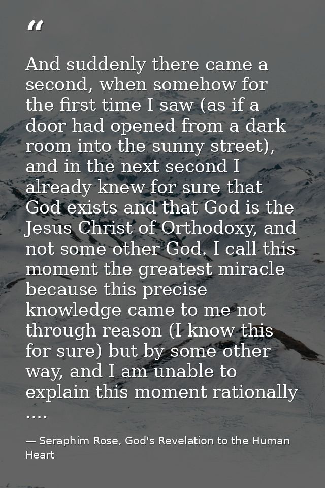And suddenly there came a second, when somehow for the first time I saw (as if a door had opened from a dark room into t — Seraphim Rose, God's Revelation to the Human Heart