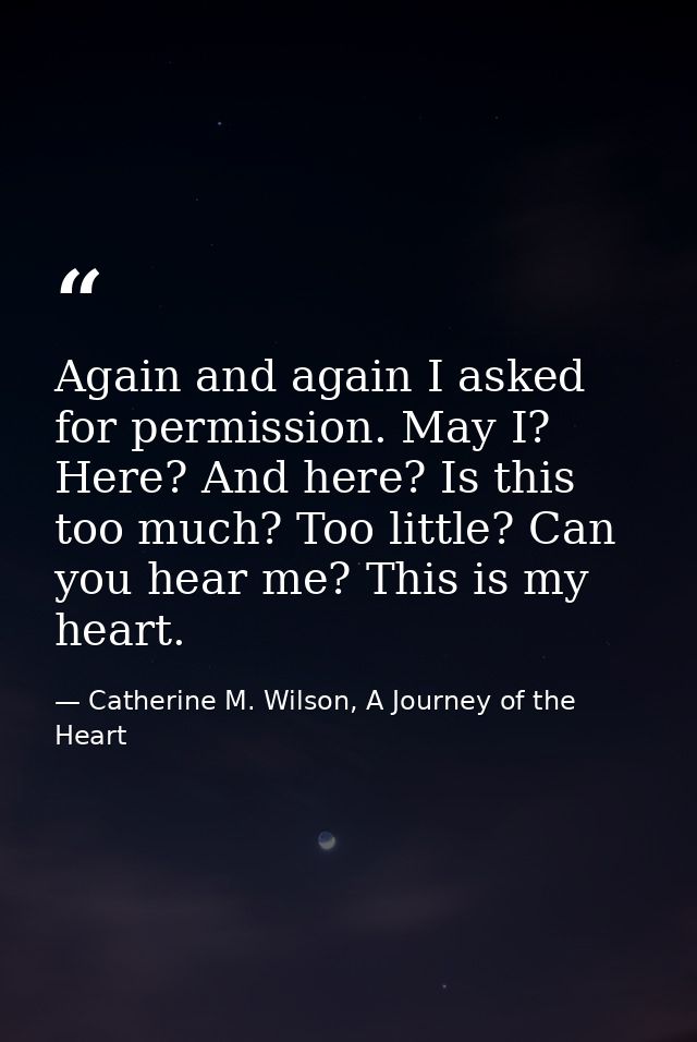 Again and again I asked for permission. May I? Here? And here? Is this too much? Too little? Can you hear me? This is my — Catherine M. Wilson, A Journey of the Heart