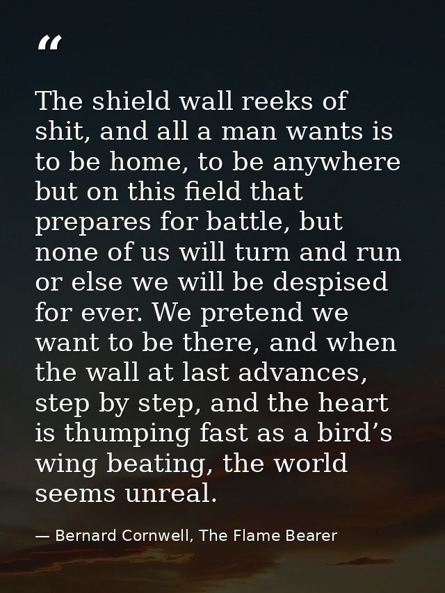The shield wall reeks of shit, and all a man wants is to be home, to be anywhere but on this field that prepares for bat — Bernard Cornwell, The Flame Bearer