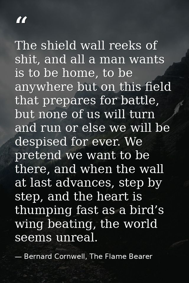 The shield wall reeks of shit, and all a man wants is to be home, to be anywhere but on this field that prepares for bat — Bernard Cornwell, The Flame Bearer
