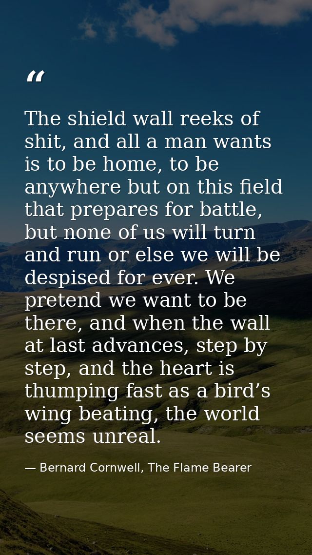 The shield wall reeks of shit, and all a man wants is to be home, to be anywhere but on this field that prepares for bat — Bernard Cornwell, The Flame Bearer
