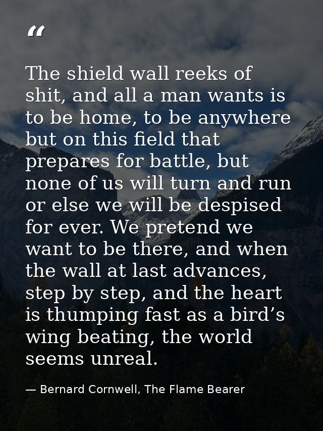 The shield wall reeks of shit, and all a man wants is to be home, to be anywhere but on this field that prepares for bat — Bernard Cornwell, The Flame Bearer