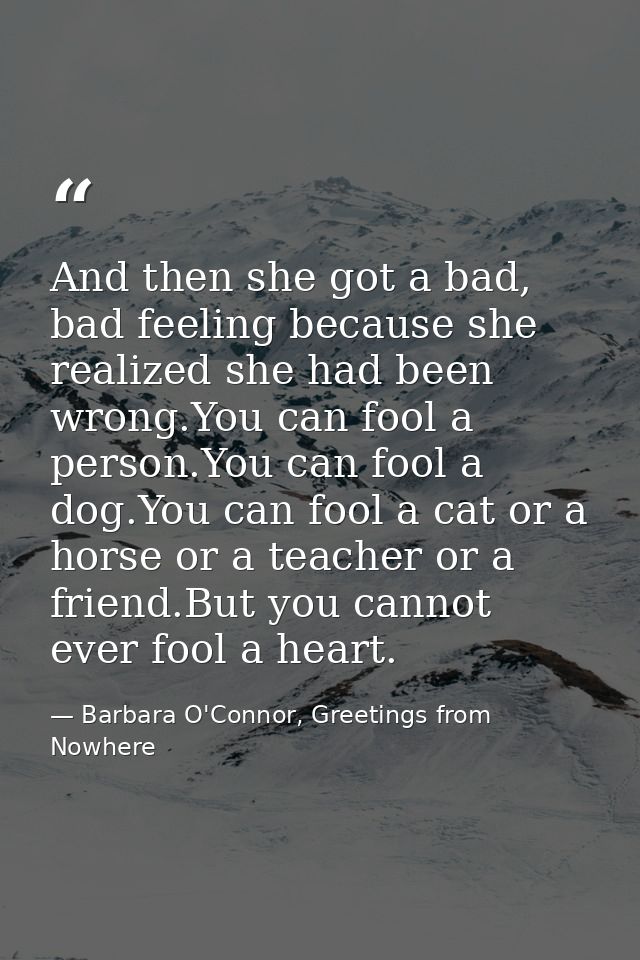 And then she got a bad, bad feeling because she realized she had been wrong.You can fool a person.You can fool a dog.You — Barbara O'Connor, Greetings from Nowhere