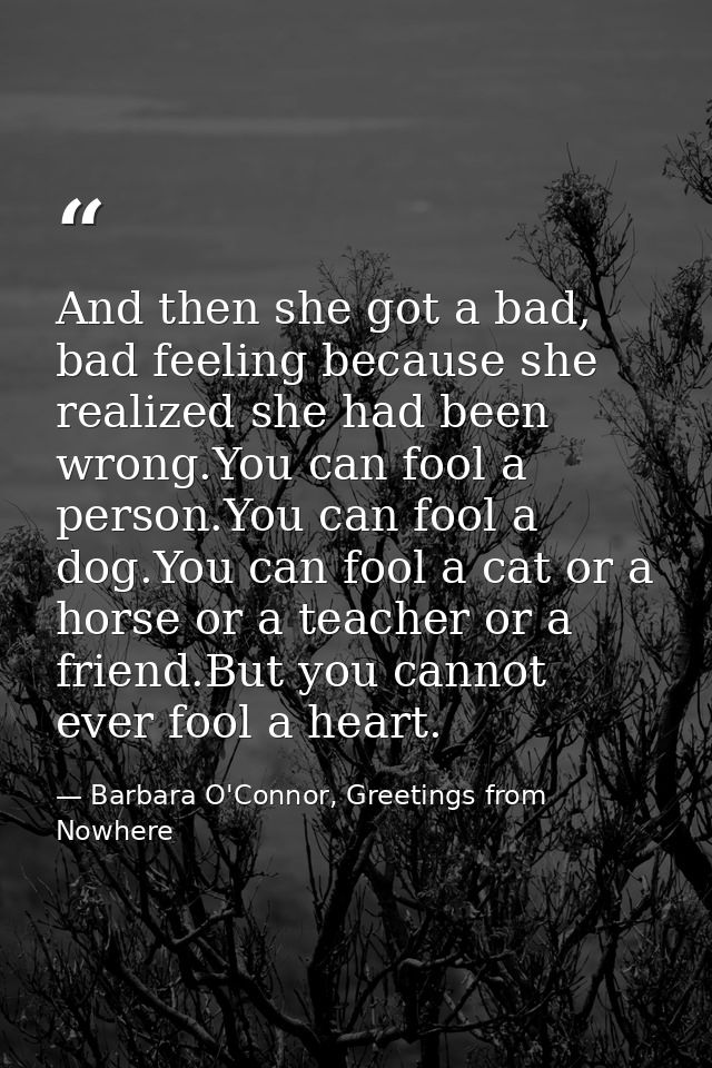 And then she got a bad, bad feeling because she realized she had been wrong.You can fool a person.You can fool a dog.You — Barbara O'Connor, Greetings from Nowhere