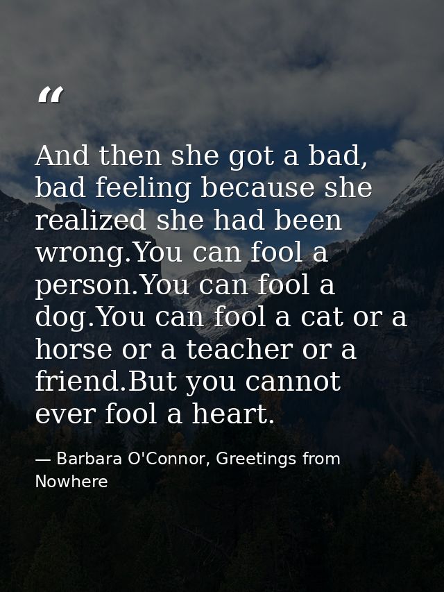 And then she got a bad, bad feeling because she realized she had been wrong.You can fool a person.You can fool a dog.You — Barbara O'Connor, Greetings from Nowhere