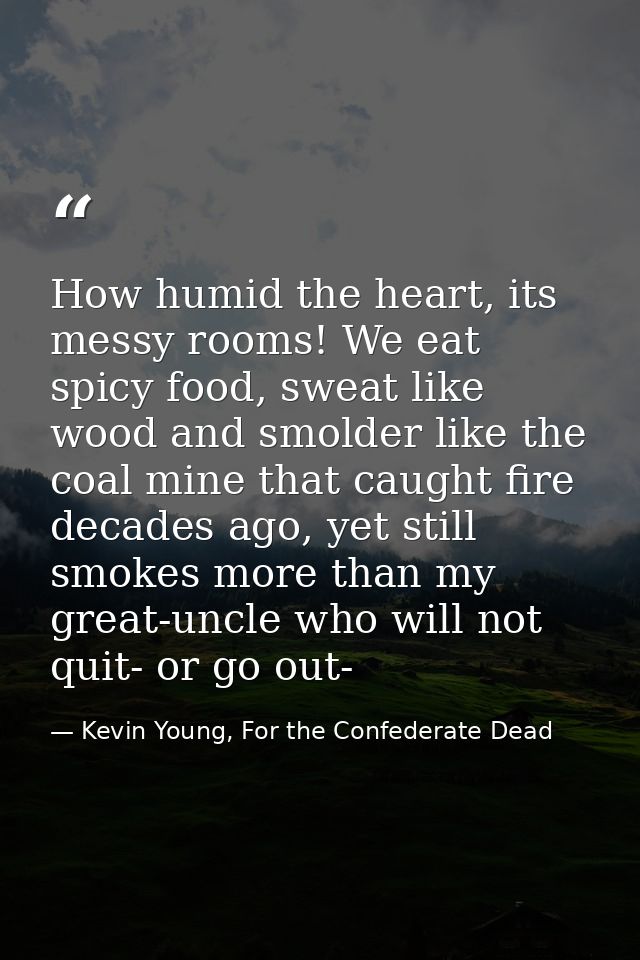 How humid the heart, its messy rooms! We eat spicy food, sweat like wood and smolder like the coal mine that caught fire — Kevin Young, For the Confederate Dead