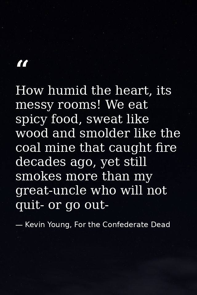How humid the heart, its messy rooms! We eat spicy food, sweat like wood and smolder like the coal mine that caught fire — Kevin Young, For the Confederate Dead