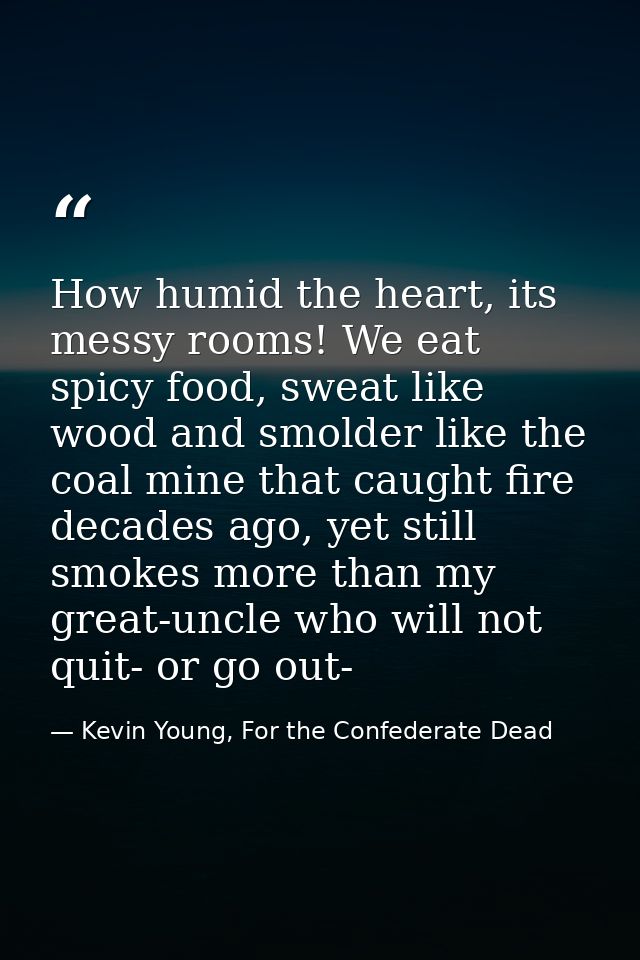 How humid the heart, its messy rooms! We eat spicy food, sweat like wood and smolder like the coal mine that caught fire — Kevin Young, For the Confederate Dead