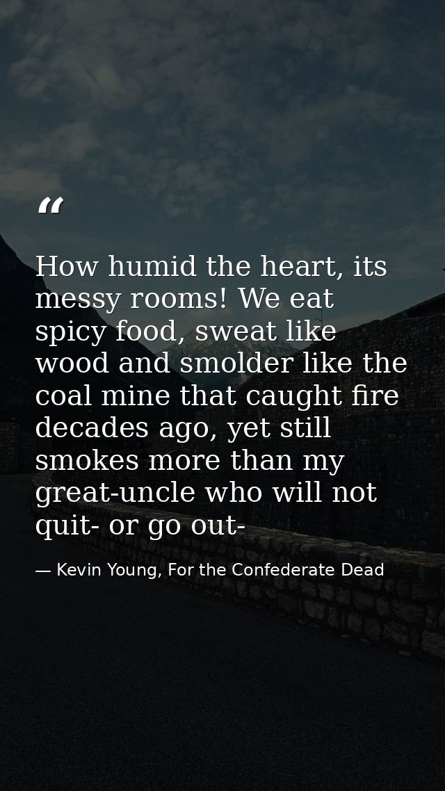 How humid the heart, its messy rooms! We eat spicy food, sweat like wood and smolder like the coal mine that caught fire — Kevin Young, For the Confederate Dead