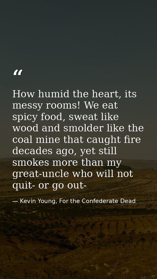 How humid the heart, its messy rooms! We eat spicy food, sweat like wood and smolder like the coal mine that caught fire — Kevin Young, For the Confederate Dead