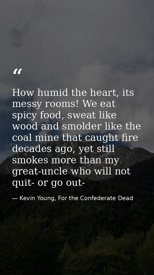 How humid the heart, its messy rooms! We eat spicy food, sweat like wood and smolder like the coal mine that caught fire — Kevin Young, For the Confederate Dead