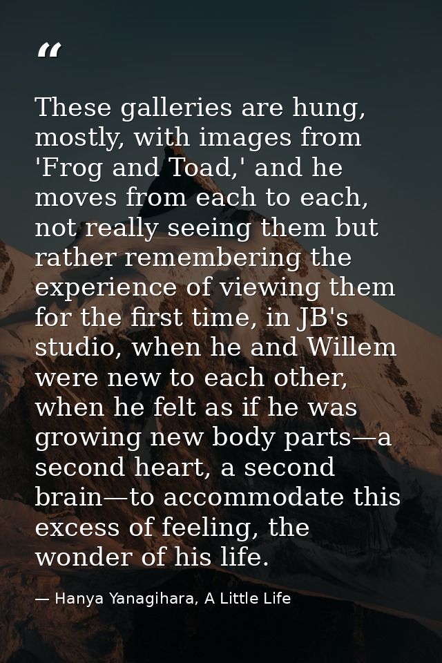 These galleries are hung, mostly, with images from 'Frog and Toad,' and he moves from each to each, not really seeing th — Hanya Yanagihara, A Little Life