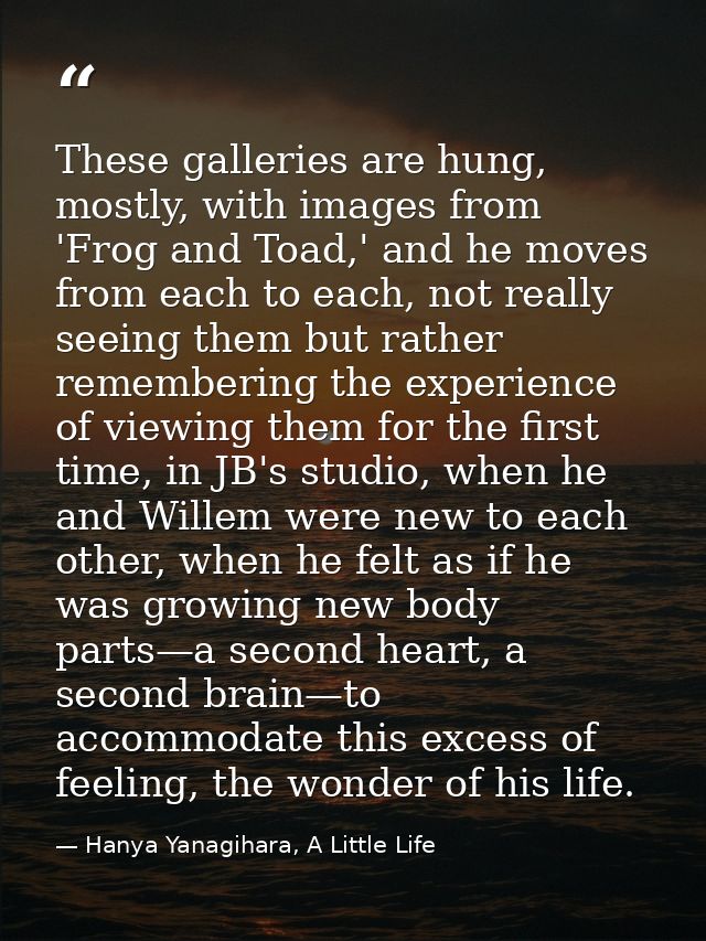 These galleries are hung, mostly, with images from 'Frog and Toad,' and he moves from each to each, not really seeing th — Hanya Yanagihara, A Little Life