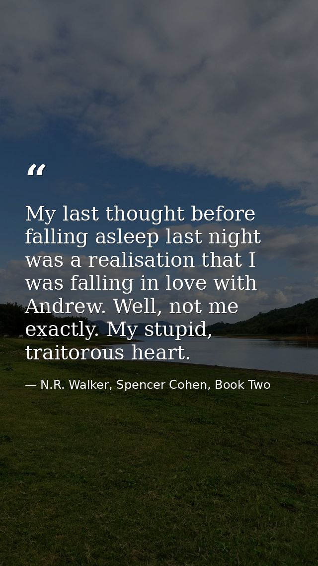 My last thought before falling asleep last night was a realisation that I was falling in love with Andrew. Well, not me  — N.R. Walker, Spencer Cohen, Book Two