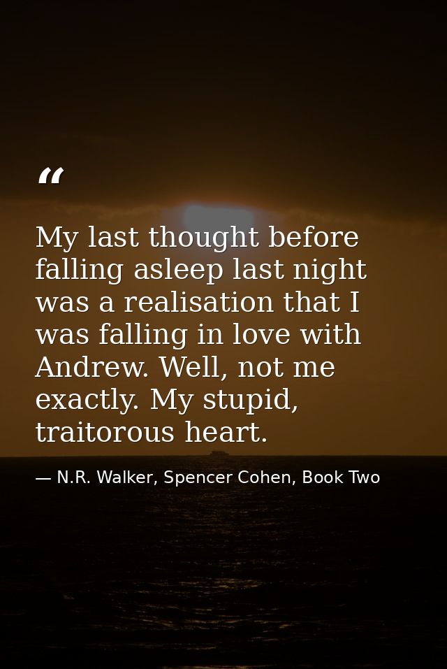 My last thought before falling asleep last night was a realisation that I was falling in love with Andrew. Well, not me  — N.R. Walker, Spencer Cohen, Book Two