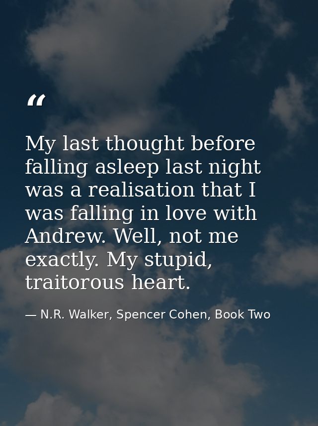 My last thought before falling asleep last night was a realisation that I was falling in love with Andrew. Well, not me  — N.R. Walker, Spencer Cohen, Book Two
